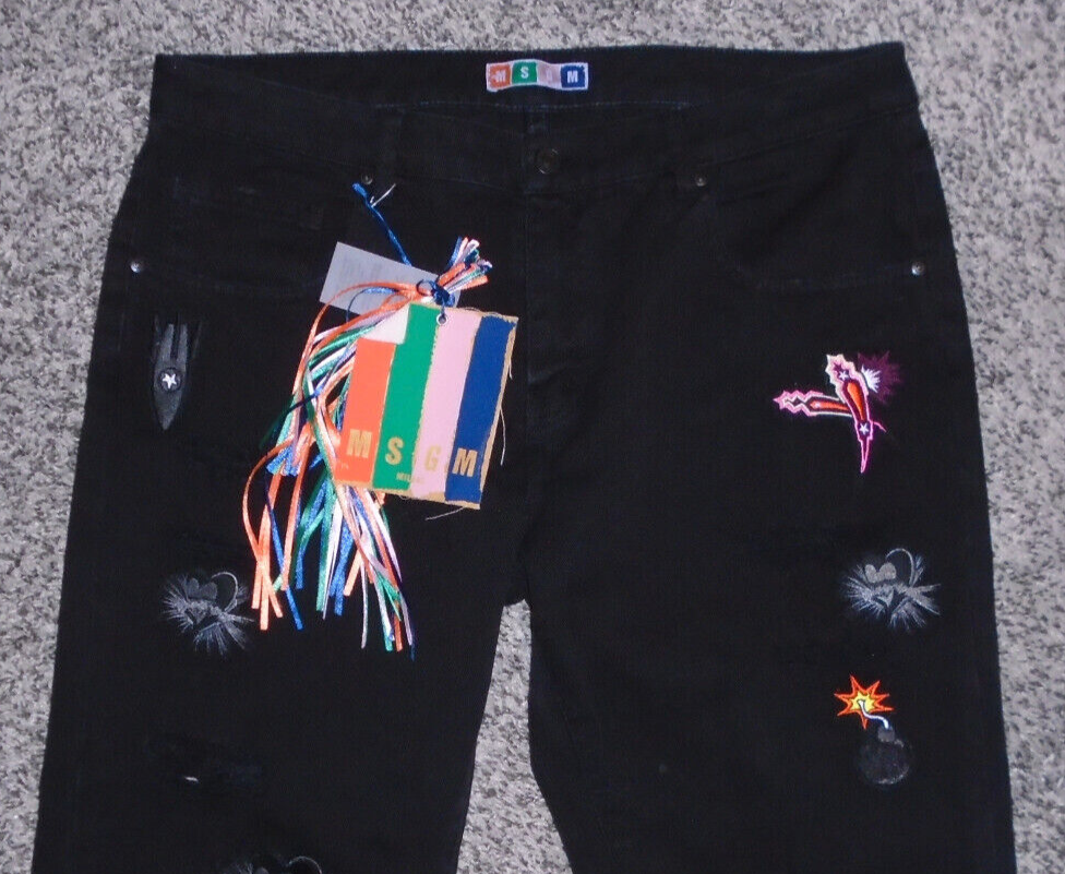 MSGM Milan Black Denim Jeans Explosive Patches Women Size 30W 32L NEW