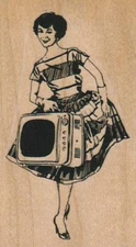 Lady With TV 1 3/4 x 3" Rubber Stamp, Lady Stamp, Woman Stamp