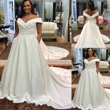 Off Shoulder Plus Size Wedding Dresses Chapel Train Pleats Satin Custom Made