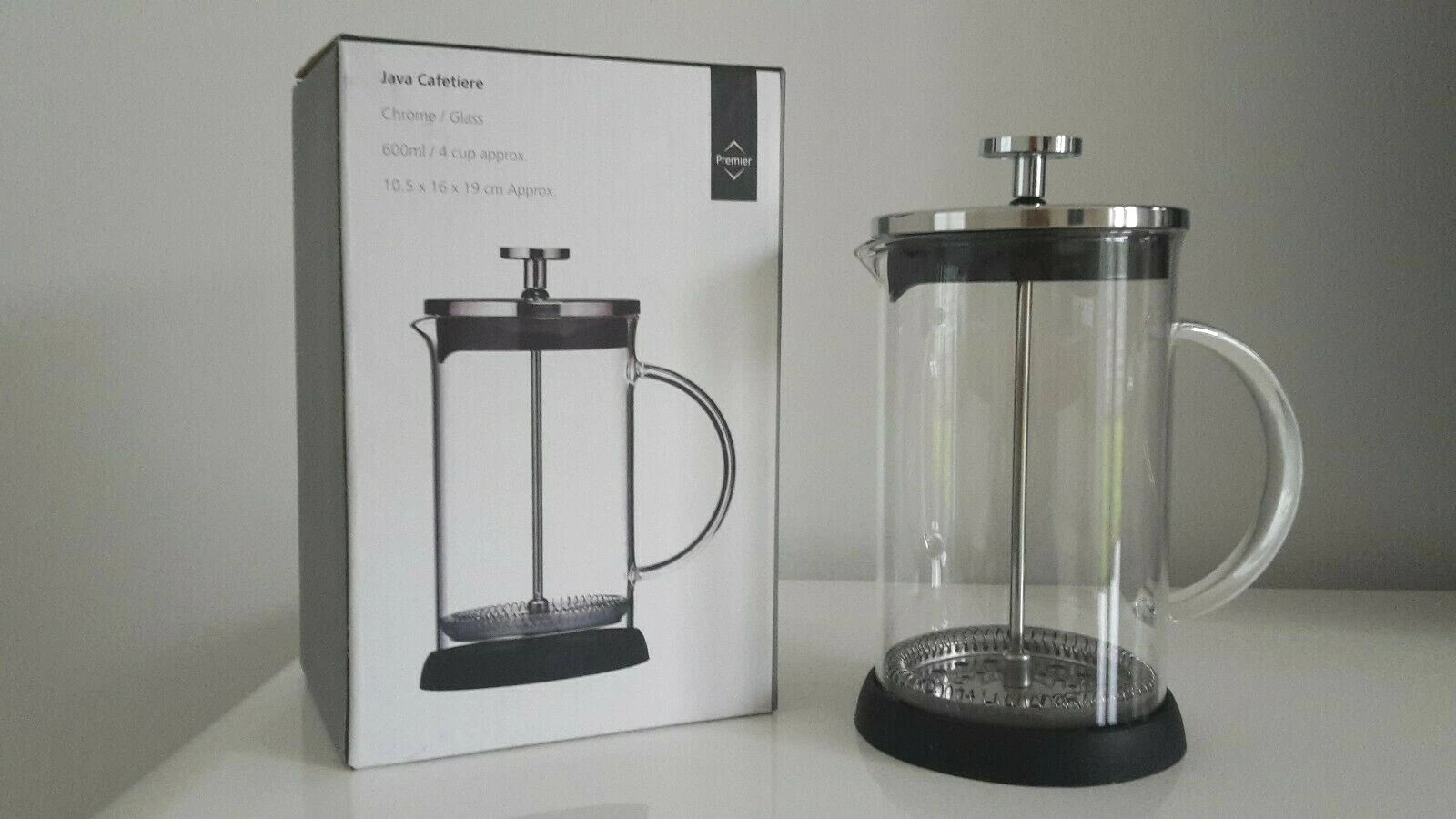 PREMIER HOUSEWARES Java 600ml Cafetiere Glass Chrome Black 10.5x16x19cm Boxed