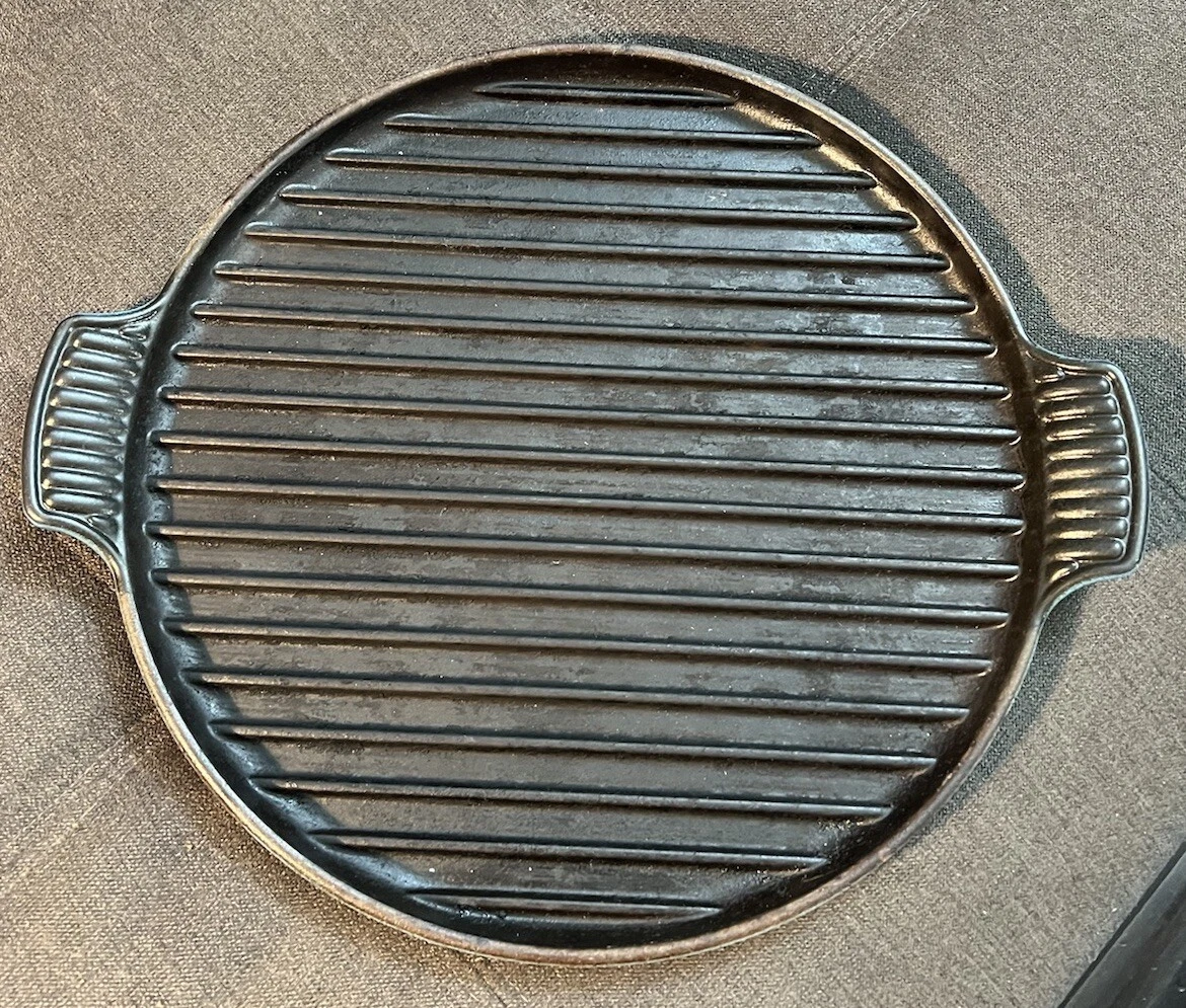 LE CRUESET #32 ROUND BLUE CAST IRON ENAMEL BISTRO GRILL GRIDDLE 12.5" FRANCE