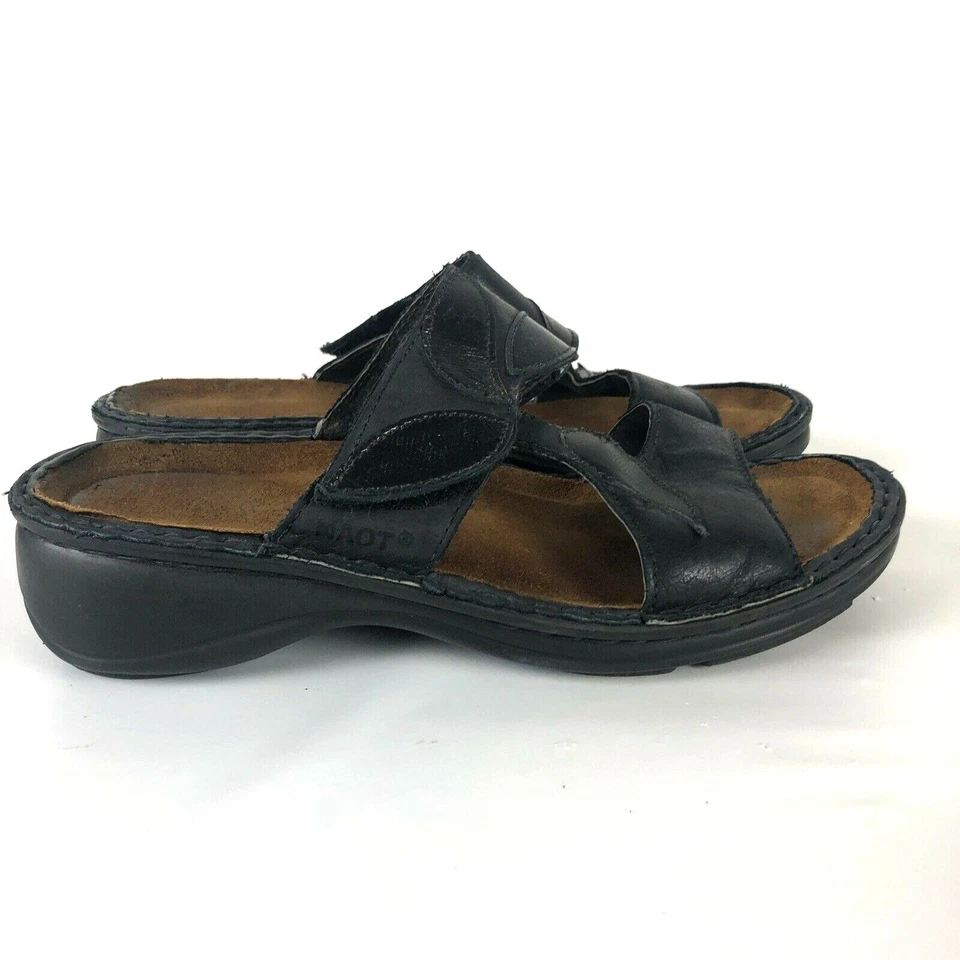Naot Slides 37 Sandalias Cuero Negro Ajustable Gancho Lazo Cómodo Corcho Chanclas Foto 2 de 4