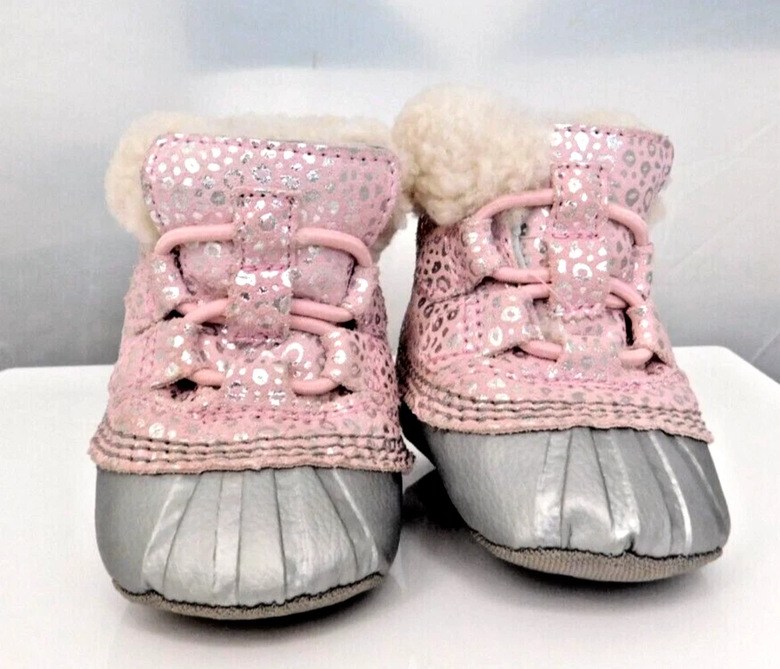 Niñas Infantes Talla 3 SOREL Caribú Botines Plateados Rosa Zapatos Piel Suave Nieve Foto 2 de 4