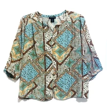 Cynthia Rowley Multicolor Print Notched V-neck Pullover Top, size 2X