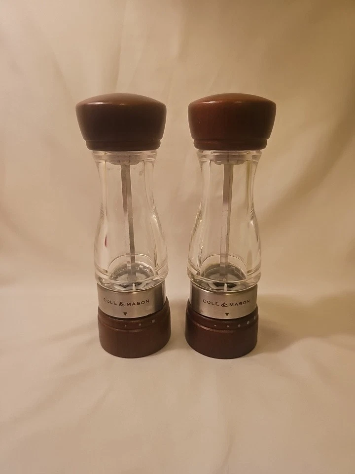 Cole and Mason Derwent Salt Pepper Grinder Set Wood Top Clear Acrylic Stainless