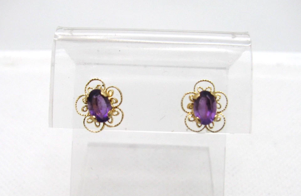 Pendientes perforados vintage de oro de 18 quilates amatista púrpura embragues de 14K 1,0 g Foto 2 de 4