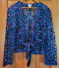 Chicos Sz 1 Blue Purple Pink Silk Open Weave Ribbon Bolero Jacket Tie Front New