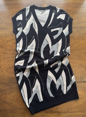 Max Mara Cashmere Silk Sweater Dress in Abstract Print Black Grey Cream Sz S