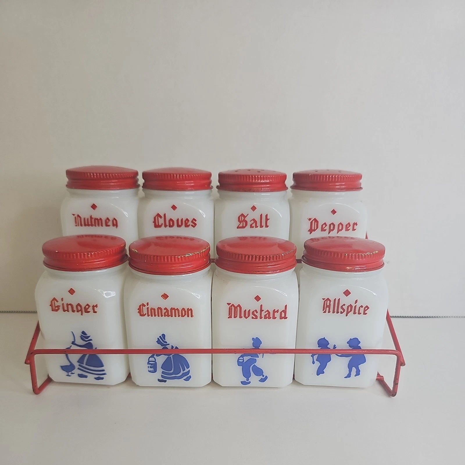 1950s Dove Frank Tea & Spice Co Milk Glass DUTCH Spice Jar Set of 8 Metal Rack
Opens in a new window