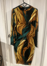 Fashion Nova 2X Plus Sheath Dress Abstract Black Gold Mock Neck Long Sleeve