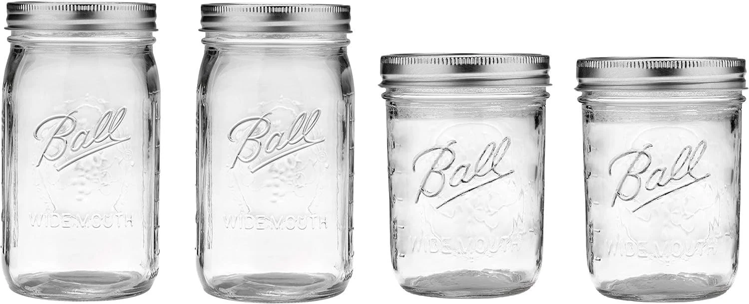 Mason Wide Mouth Jars with Lids and Bands, Set of 4, Two 32oz + Two 16oz Jars...