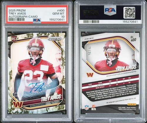 2025 Panini Prizm Trey Amos Forest Camo Rookie Auto # /25 Commanders PSA 10