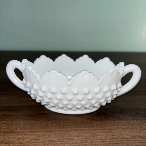 Vintage Fenton Glass Oval Nut or Candy Dish 2 Handles Hobnail White Milk Glass