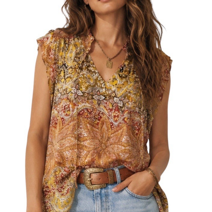 Rachel Zoe Women's Semi Sheer Boho Floral Paisley Cap Sleeve Blouse