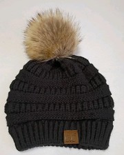 C.C Exclusives Women s Black Knit Beanie With Faux Fur Pom Pom, One Size
