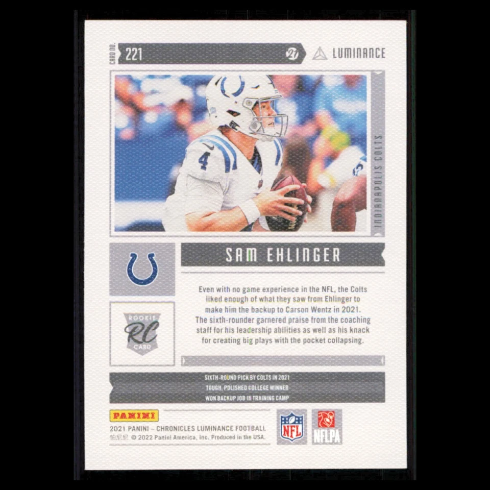 Sam Ehlinger Rookie #221 2021 Panini Chronicles Luminance Indianapolis Colts NFL - Image 2 of 3