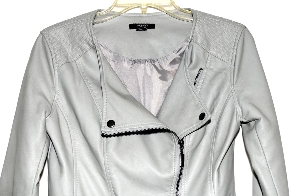 Alfani Moto Gray Faux Leather Zip Pockets Womens Cropped Zip Jacket Size PP - Image 2 of 4