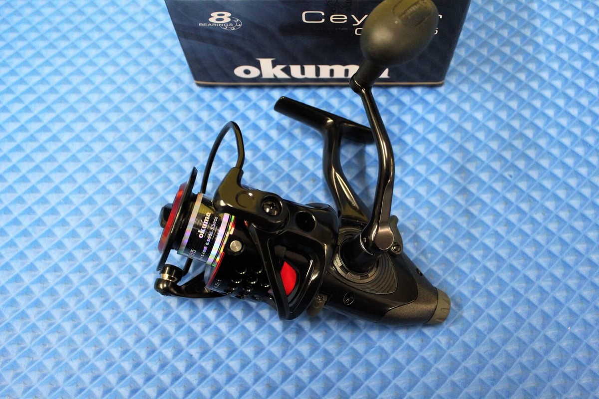 okuma ceymar baitfeeder cbf-55 Spinning Reel, 55 Reel Size, 4.5: 1 Gear Ratio, 30" Retrieve Rate, 19 lb Max Drag, Ambidextrous Sporting Goods reverse bearing ensures solid hook sets Okuma Ceymar Baitfeeder CBF