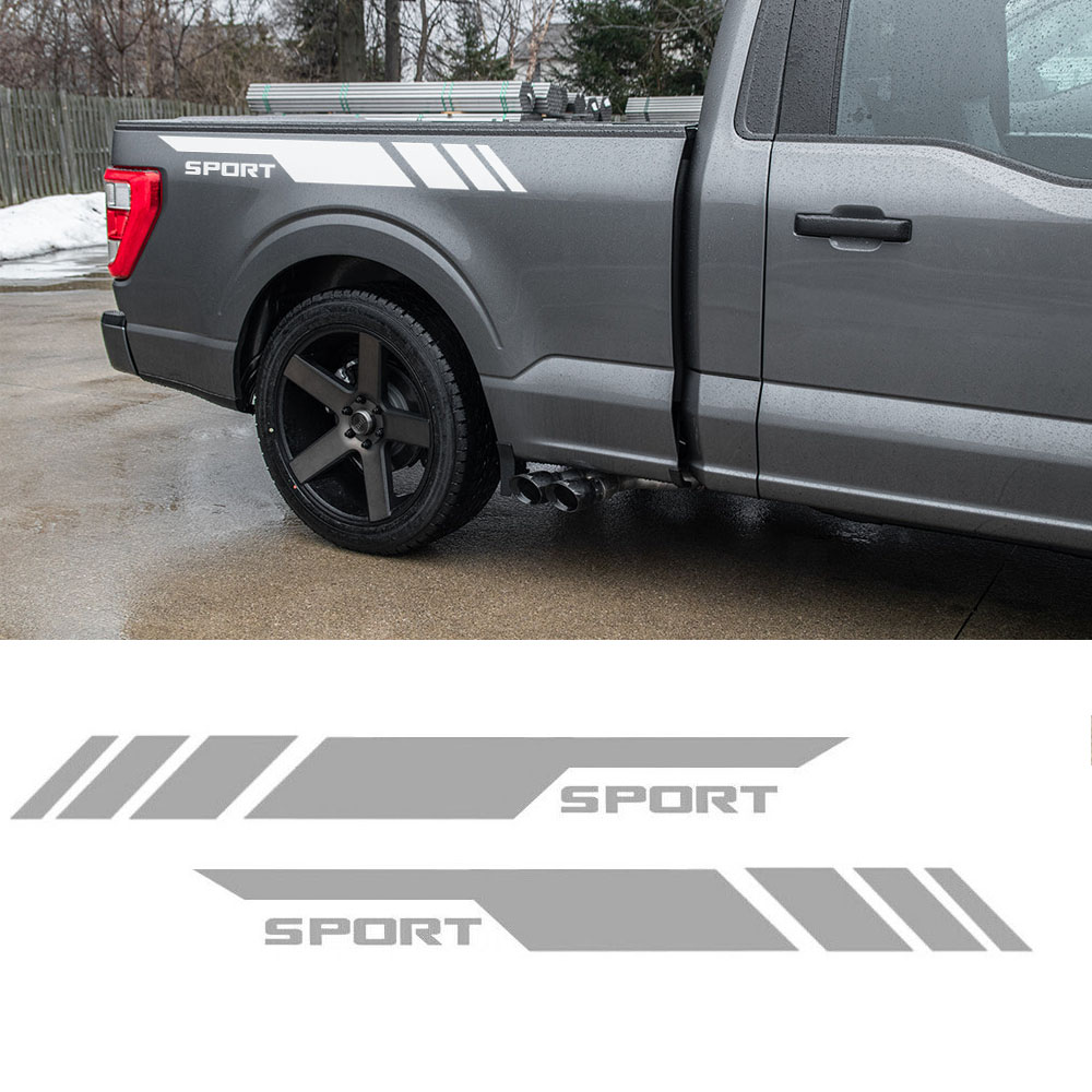 2PCS Matte Silver Sport Side Bed Rear Trunk Vinyl Decal Sticker Stripe For Ford