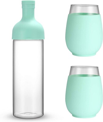 Tronco 30oz Wine Bottle Carafe with Lids and 2 Wine Glasses Party and Gift Set