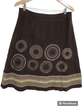 Sz 10 Talbots Midi Skirt Brown Linen Lined A-Line Embroidered Zip EUC