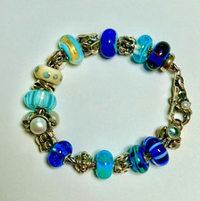 Trollbeads Bracelet-1 9 Charms shade of Blue, 925 Silver, Italian Glass, Retired