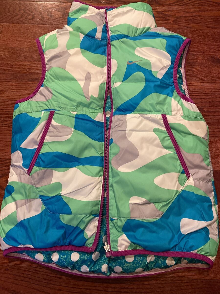 Nike Alliance GFX Reversible Green Puffer Vest Polka Dot Camo Girl's Size  Large