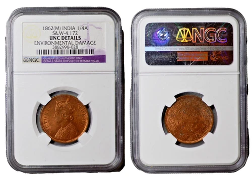 British India 1862 (M) 1/4 Anna S&W-4.172 NGC UNC Details