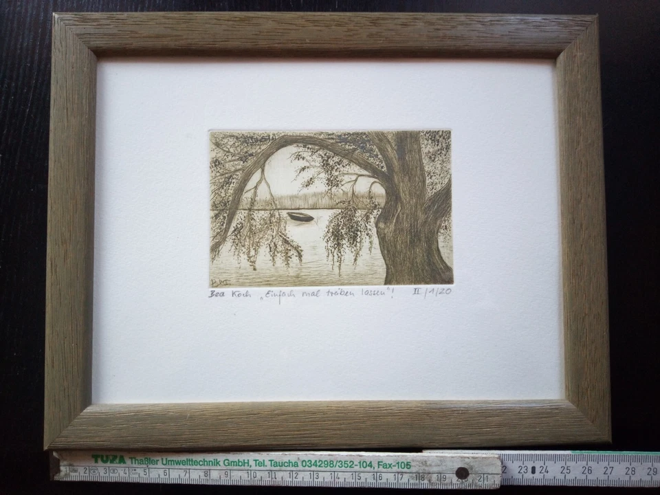 Original Zeichnung mit Holzrahmen See Landschaft Bea Koch - Bild 2 von 4