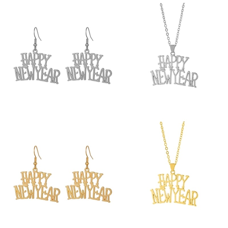 Happy New Year Pendant Necklace with Hollow Dangle Earrings Statement Jewelry Set