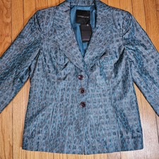 Atelier Womens Large Teal Metallic Leopard Glam Y2k 90's Smoking Jacket Blazer