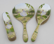 VINTAGE SOLID SILVER & ENAMEL BALLERINA DRESSING TABLE VANITY SET LONDON 1951