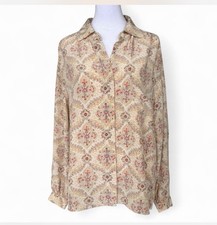 Vintage Liz Claiborne Collection Beige Pink Floral Collared 100 Silk Blouse