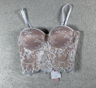 MICAS Lace Bustier Corset Bra Top Womens Medium White Floral Illusion NEW