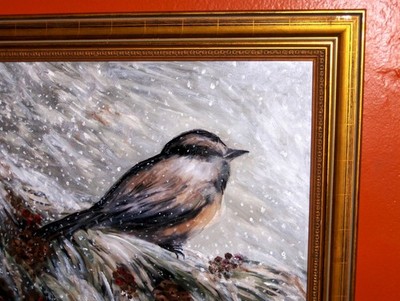 Lovely Bird in Winter Storm Tree Snow Windy Weather Oil Canvas Painting Signed