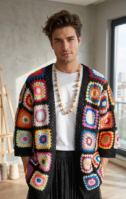 Handarbeit gehäkelt Herren mehrfarbig quadratisch Patchwork Strickjacke Pullover