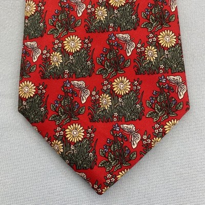 Burberry Vintage Silk Tie Butterfly Sun Floral Micro Art Garden Western Red 4x56