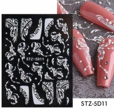 Nail Art Sticker GEPRÄGT WEISS KOMPLIZIERTE BLUMEN- UND ECKENDESIGNS STZ-5D11