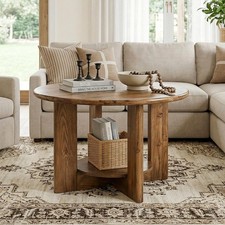 31.5" Round Coffee Table Solid Wood Circle Center Tea Table with 2-Tier Storage