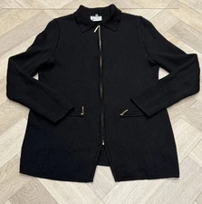 Basler Black Ribbed Pure New Wool Mix Zip Up Cardigan Gold Zips Size Small