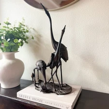 Japanese Bronze Meiji Style Cranes Sculpture Statue Incense Burner Lily Pad Base