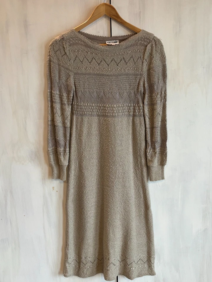 Vintage 80s MSII Taiwan Beige Knit Crochet Sheer Midi Sweater Dress Unlined XSP - Image 2 of 4