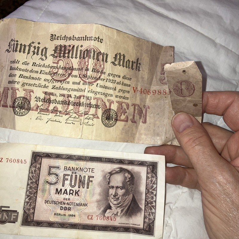 1923 German 50 MILLION MARK Reichsbanknote Torn & 5 Mark HUMBOLDT banknote 1964
