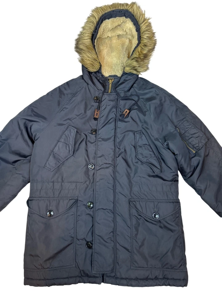 J. Crew Military Style Winter Parka Sherpa Snorkel Hood Faux Fur Trim Navy Blue - Image 2 of 4