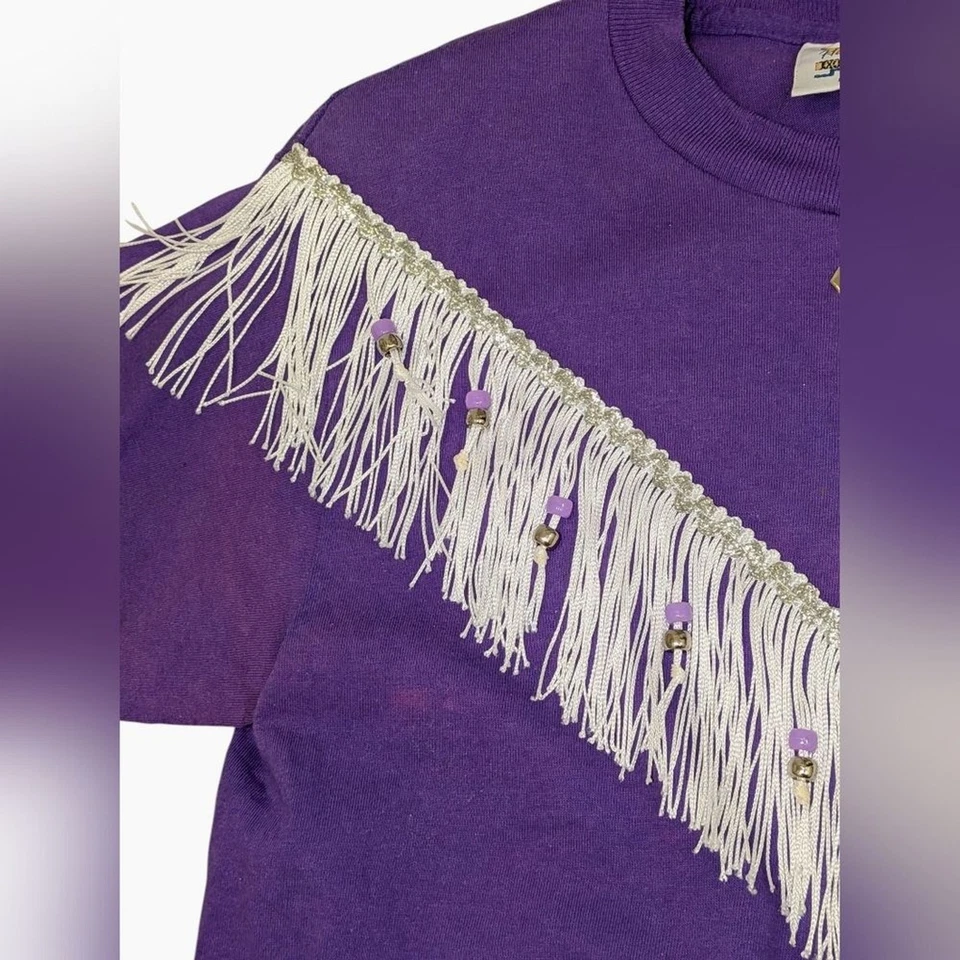 Vintage Hazelwood 80s Western Fringe Shirt Purple Beaded Cowgirl Top M Halloween - Image 2 of 4