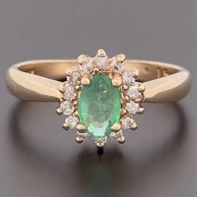Cluster-Ring 9 kt Gelbgold Smaragd & Diamant Größe J gepunzt