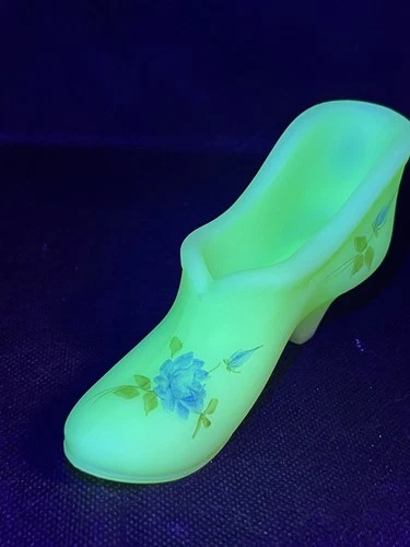 Fenton Satin Custard Uranium Glass Slipper Shoe Hand Painted Blue Flowers