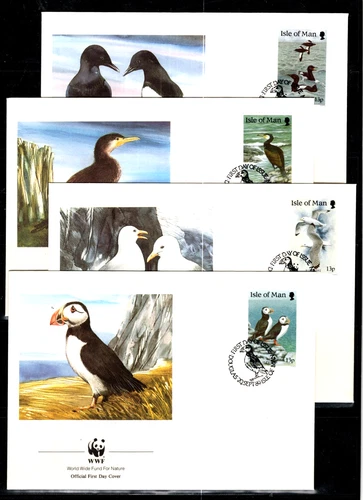 GB Isle of Man 399-402 used Four FDC Covers WWF  Puffin Sea Birds COMPARE
