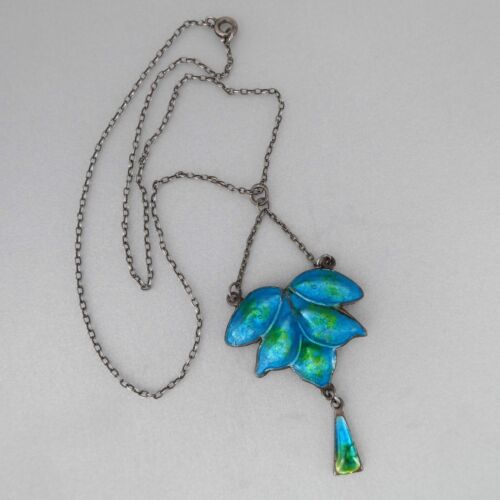 Antique ARTS & CRAFTS C1900 Sterling Silver BLUE & GREEN ENAMEL 'LEAF' NECKLACE - Picture 3 of 7