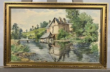 Signed Watercolor Impressionist Landscape View Of A Village In Normandy, France